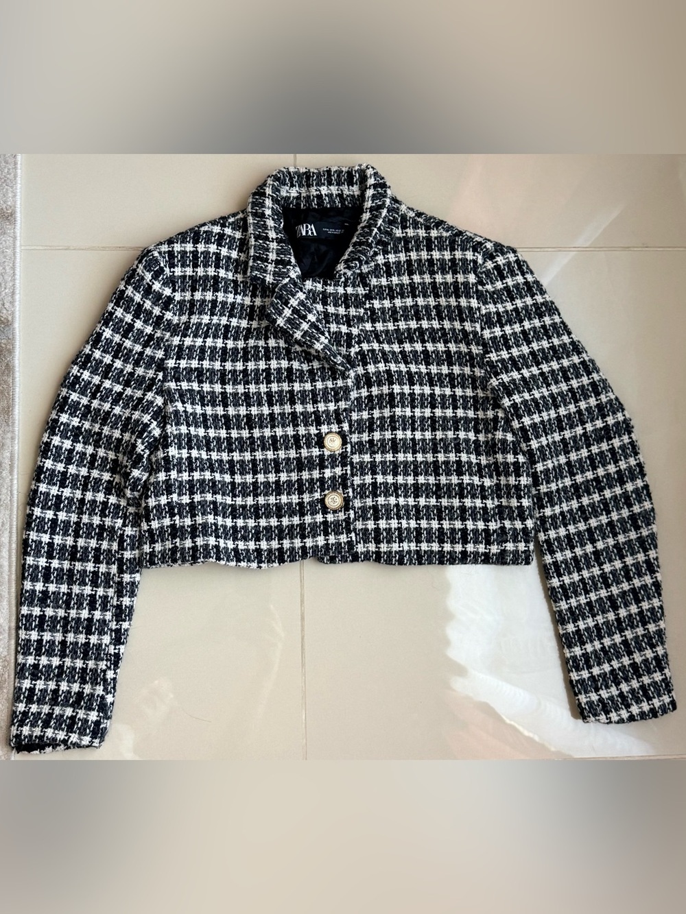 Zara Black & White Tweed Houndstooth Cropped Jacket - Size XL